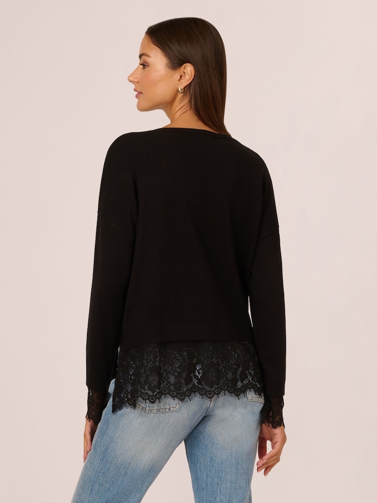 Adrianna Papell V-Neck Solid Twofer Black Sweater With Lace Combo - Image 2 of 7
