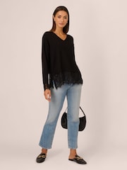 Adrianna Papell V-Neck Solid Twofer Black Sweater With Lace Combo - Image 3 of 7