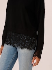 Adrianna Papell V-Neck Solid Twofer Black Sweater With Lace Combo - Image 5 of 7