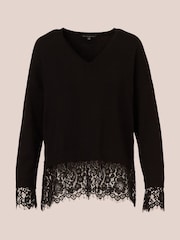 Adrianna Papell V-Neck Solid Twofer Black Sweater With Lace Combo - Image 6 of 7
