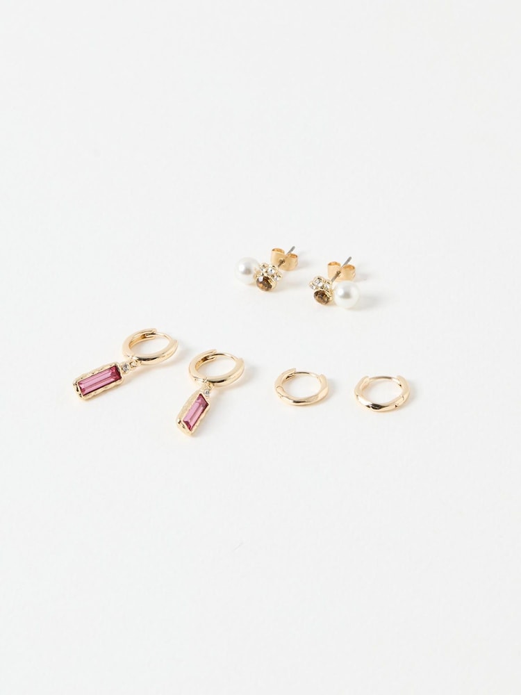 Oliver Bonas Gold Tone Illoro Faux Pearl and Stone Drop Huggie and Stud Earrings Set of 6 - Image 1 of 2
