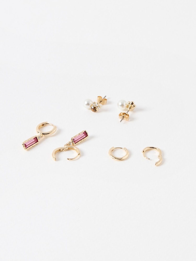 Oliver Bonas Gold Tone Illoro Faux Pearl and Stone Drop Huggie and Stud Earrings Set of 6 - Image 2 of 2