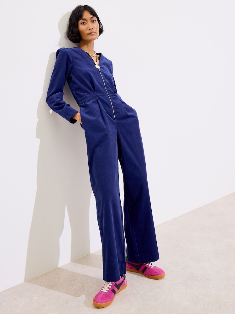 Oliver Bonas Blue Blue 100% Cotton Corduroy Zip Up Jumpsuit - Image 1 of 8