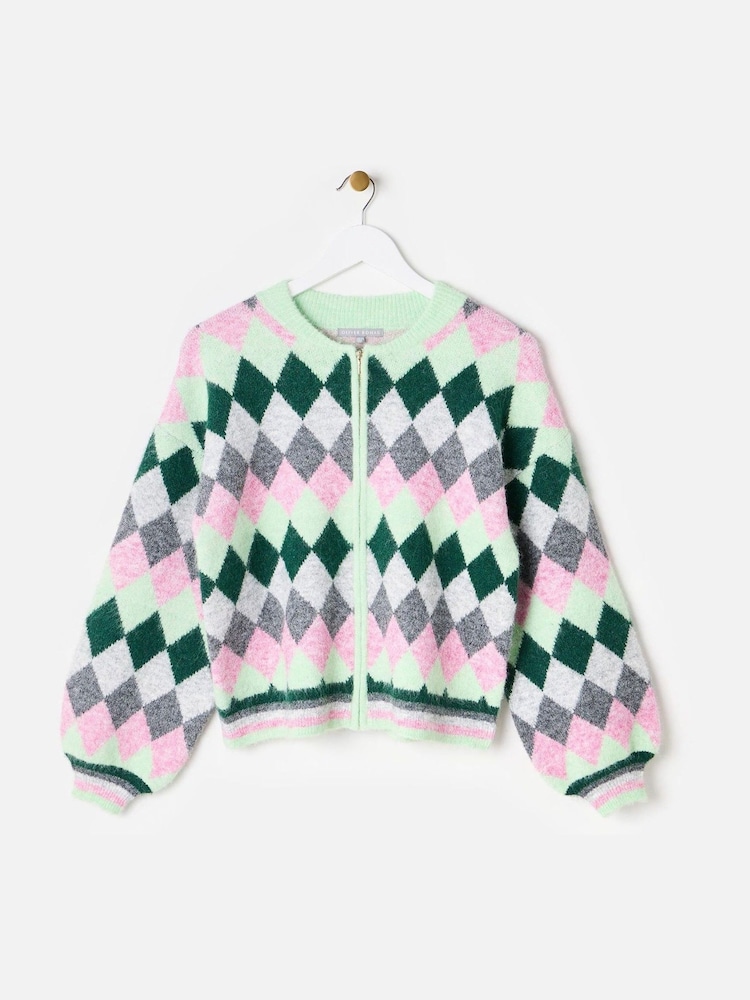 Oliver Bonas Green Diamond Knitted Bomber Jacket - Image 1 of 6