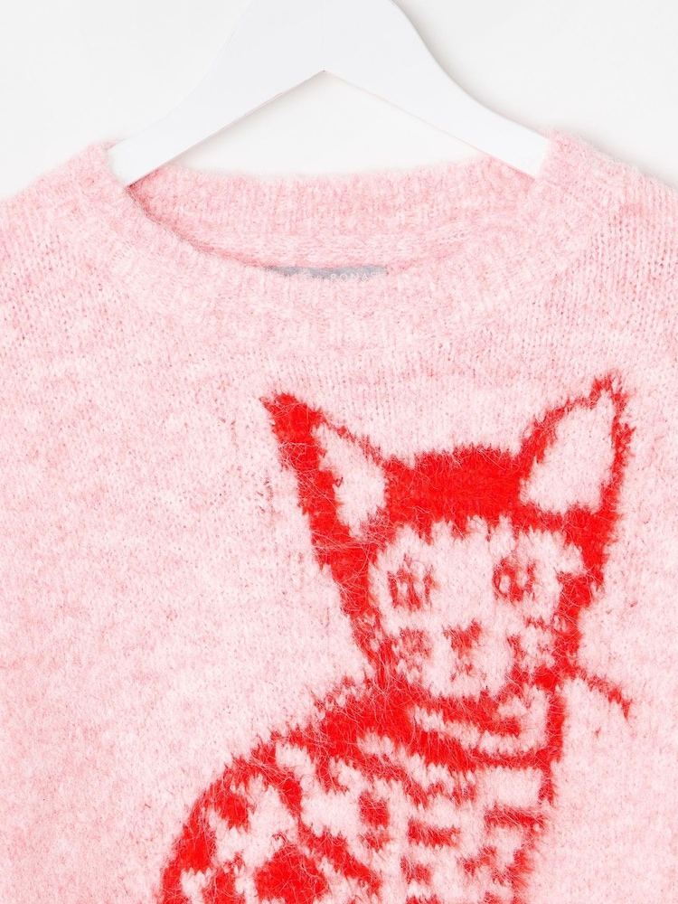 Oliver Bonas Pink Fluffy Cat Knitted Jumper - Image 5 of 8