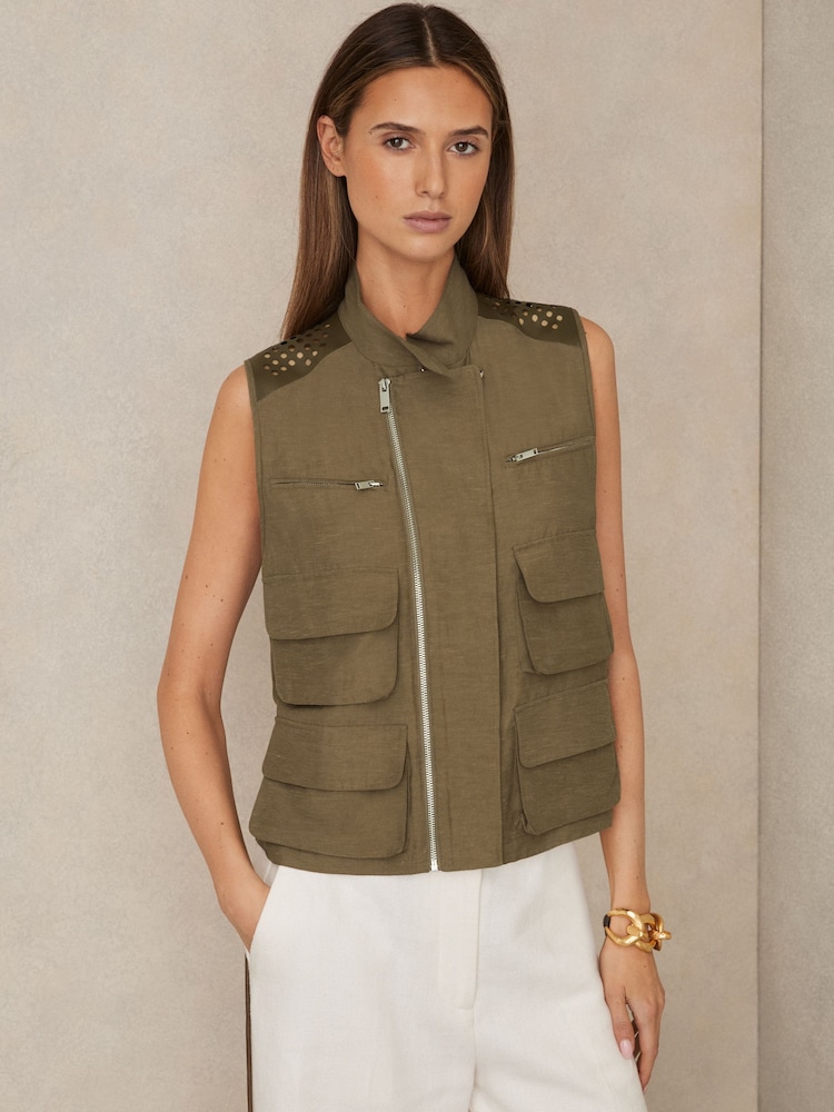 Reiss Khaki Grace Cargo-Pocket Laser-Cut Gilet With Linen - Image 1 of 7