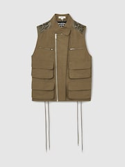 Reiss Khaki Grace Cargo-Pocket Laser-Cut Gilet With Linen - Image 2 of 7