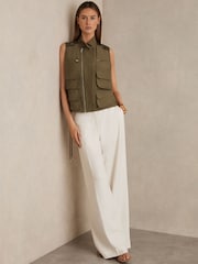 Reiss Khaki Grace Cargo-Pocket Laser-Cut Gilet With Linen - Image 4 of 7