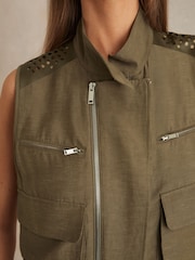 Reiss Khaki Grace Cargo-Pocket Laser-Cut Gilet With Linen - Image 5 of 7