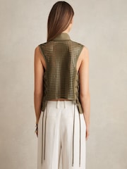 Reiss Khaki Grace Cargo-Pocket Laser-Cut Gilet With Linen - Image 6 of 7