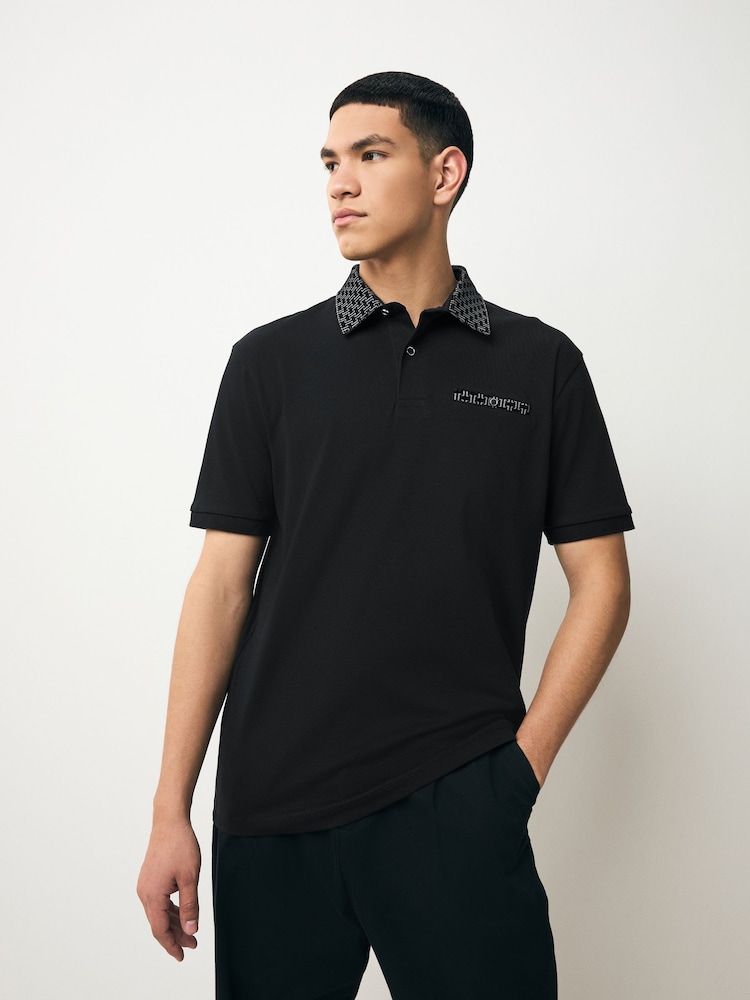 Black/Grey 100% Cotton Short Sleeve Smart Collar Polo Shirt - Image 1 of 7