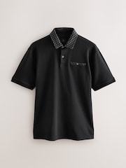 Black/Grey 100% Cotton Short Sleeve Smart Collar Polo Shirt - Image 5 of 7