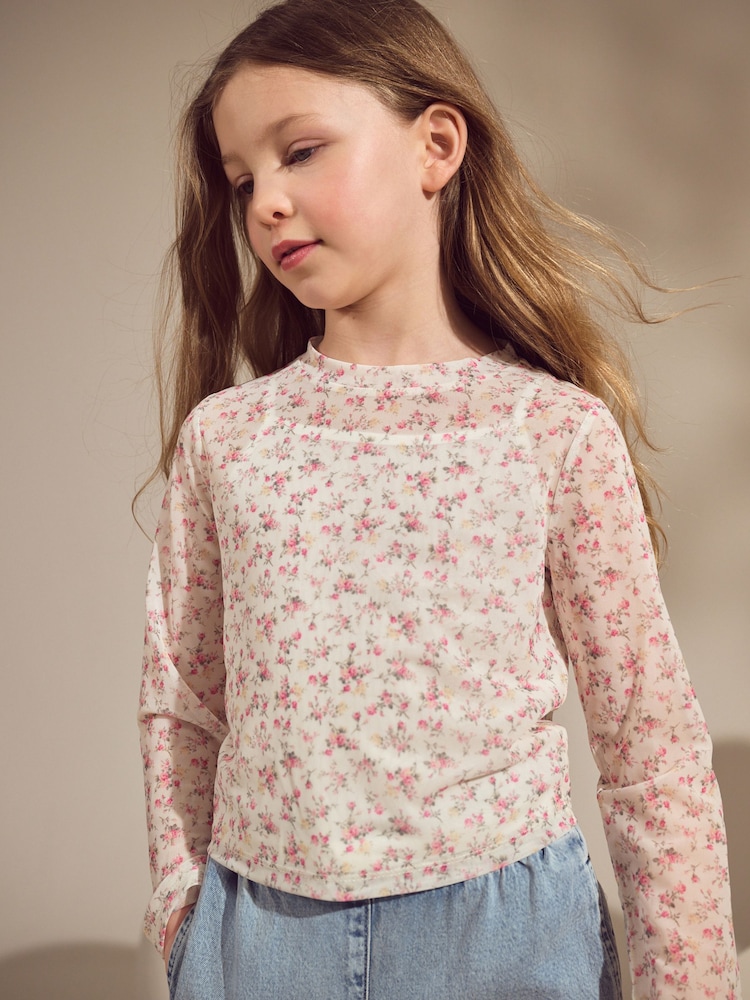 Blanco/rosa - Floral Mesh Top with Vest (3-16yrs) - Imagen 1 de 7 Blanco/rosa - Floral Mesh Top with Vest (3-16yrs) - Imagen 1 de 7