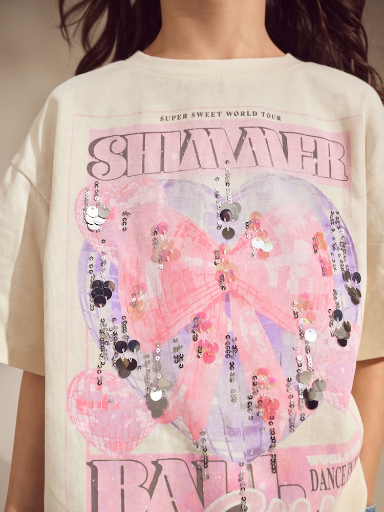 Ecru White Oversized Sequin Graphic Print T-Shirt (3-16yrs) - Image 4 of 8