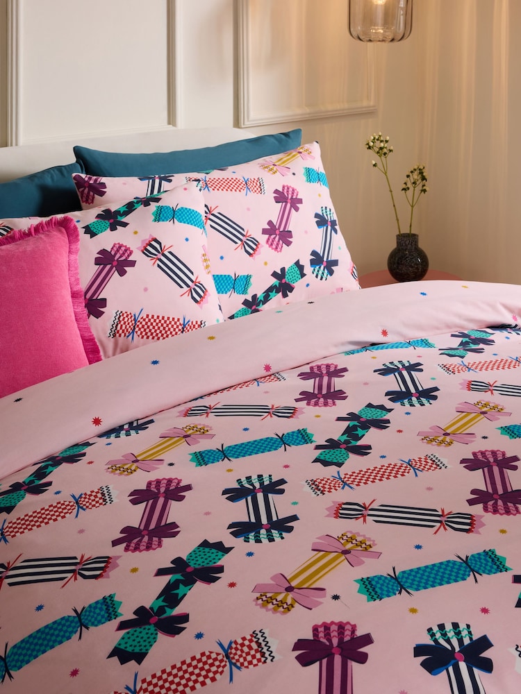Pink Crackers Christmas Reversible Duvet Cover and Pillowcase Set - Image 2 of 3 Pink Crackers Christmas Reversible Duvet Cover and Pillowcase Set - Image 2 of 3