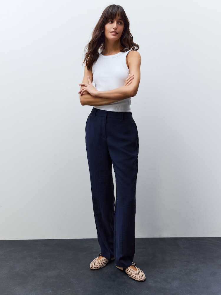 Navy Blue Elastic Back Straight Leg Modal Trousers - Image 1 of 7 Navy Blue Elastic Back Straight Leg Modal Trousers - Image 1 of 7