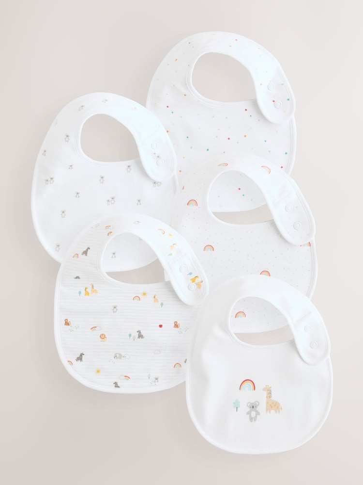 White Animal Print Baby Bibs 5 Pack - Image 1 of 7 White Animal Print Baby Bibs 5 Pack - Image 1 of 7
