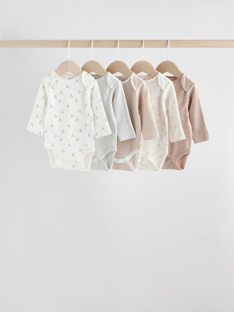 Neutral 100% Cotton Long Sleeve Baby Bodysuits 5 Pack - Image 1 of 11