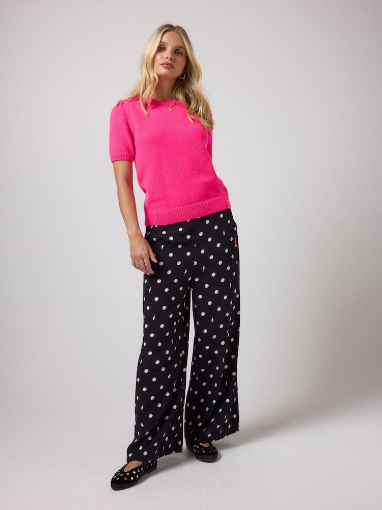 SCAMP & DUDE Black Polka Spot Bolt Wide Leg Trousers - Image 1 of 3