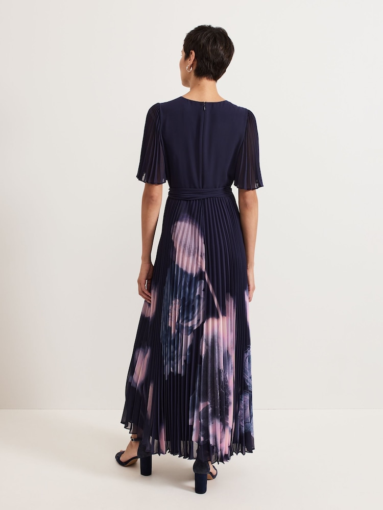 Phase Eight Blue Abigail Printed Pleat Maxi Dress - Image 2 of 7