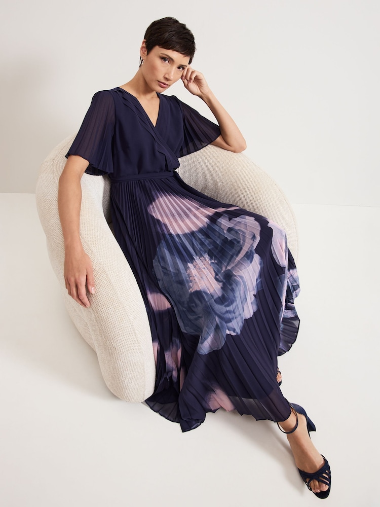 Phase Eight Blue Abigail Printed Pleat Maxi Dress - Image 5 of 7