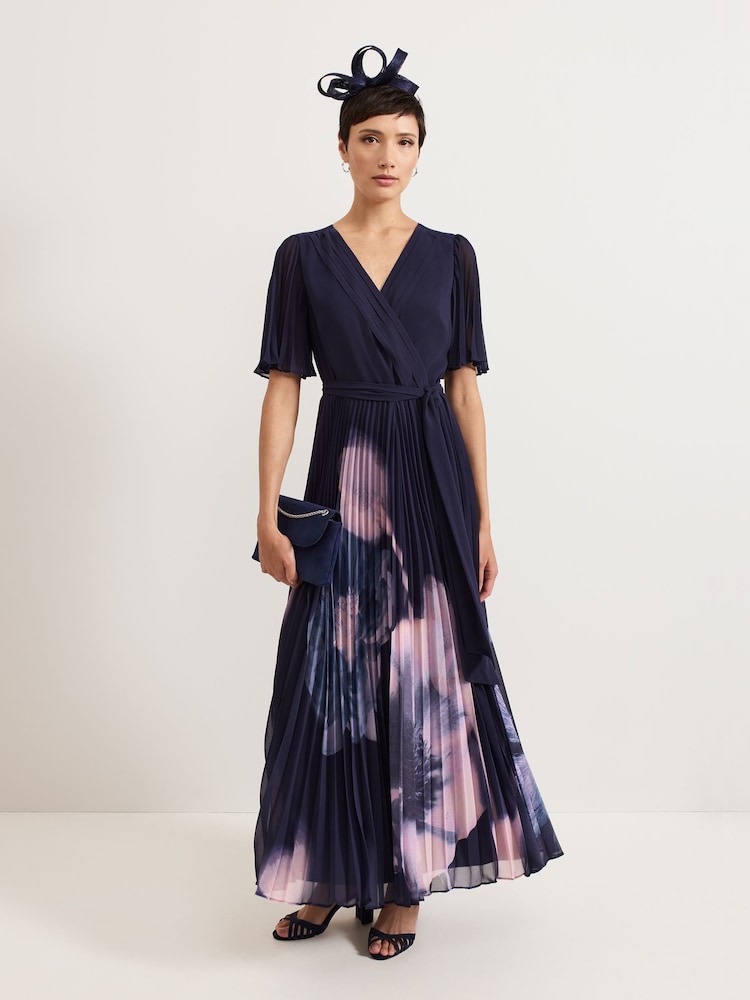 Phase Eight Blue Abigail Printed Pleat Maxi Dress - Image 6 of 7