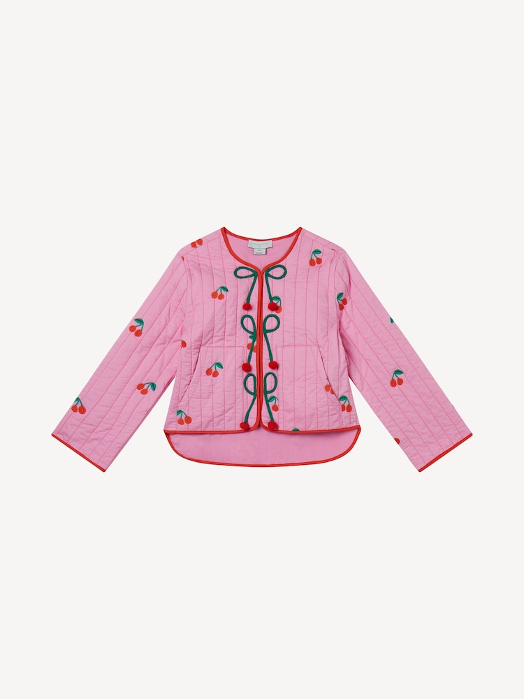 Stella McCartney Kids Pink Strawberry Embroidered Padded Jacket - Image 1 of 2 Stella McCartney Kids Pink Strawberry Embroidered Padded Jacket - Image 1 of 2