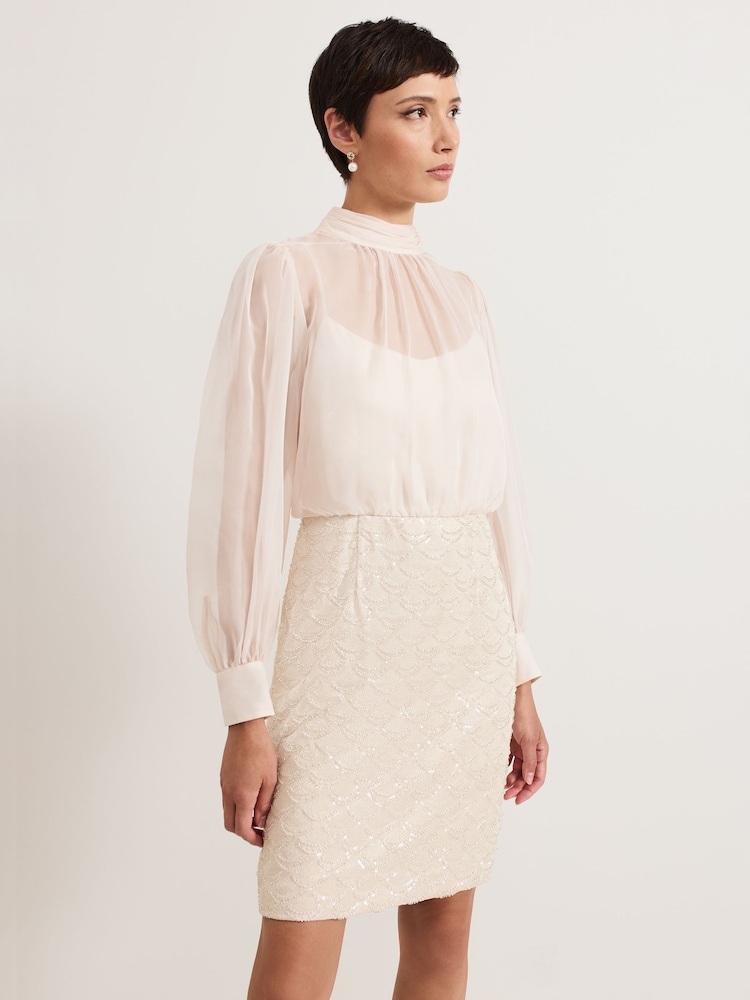 Phase Eight Cream Amina Sequin Skirt Chiffon Top Dress - Image 1 of 6