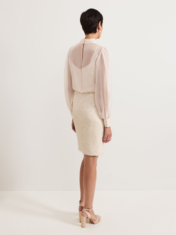 Phase Eight Cream Amina Sequin Skirt Chiffon Top Dress - Image 2 of 6