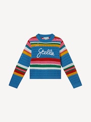 Stella McCartney Kids Blue Multicolour Stripe Crochet Knitted Long Sleeve Logo Jumper - Image 1 of 1