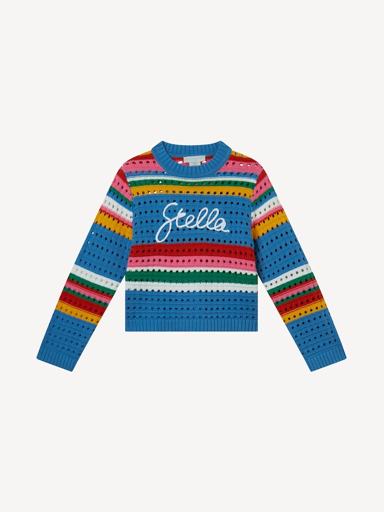 Stella McCartney Kids Blue Multicolour Stripe Crochet Knitted Long Sleeve Logo Jumper - Image 1 of 1 Stella McCartney Kids Blue Multicolour Stripe Crochet Knitted Long Sleeve Logo Jumper - Image 1 of 1
