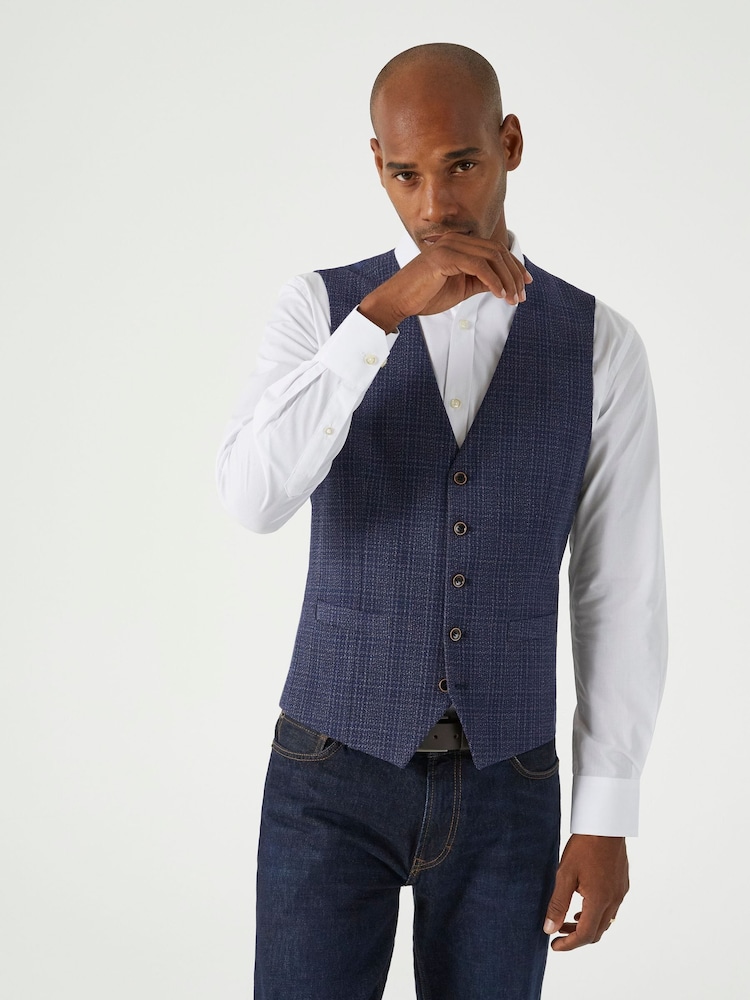 Skopes Blue Tailored Fit Jeremiah Checked Waistcoat - Image 1 of 4 Skopes Blue Tailored Fit Jeremiah Checked Waistcoat - Image 1 of 4