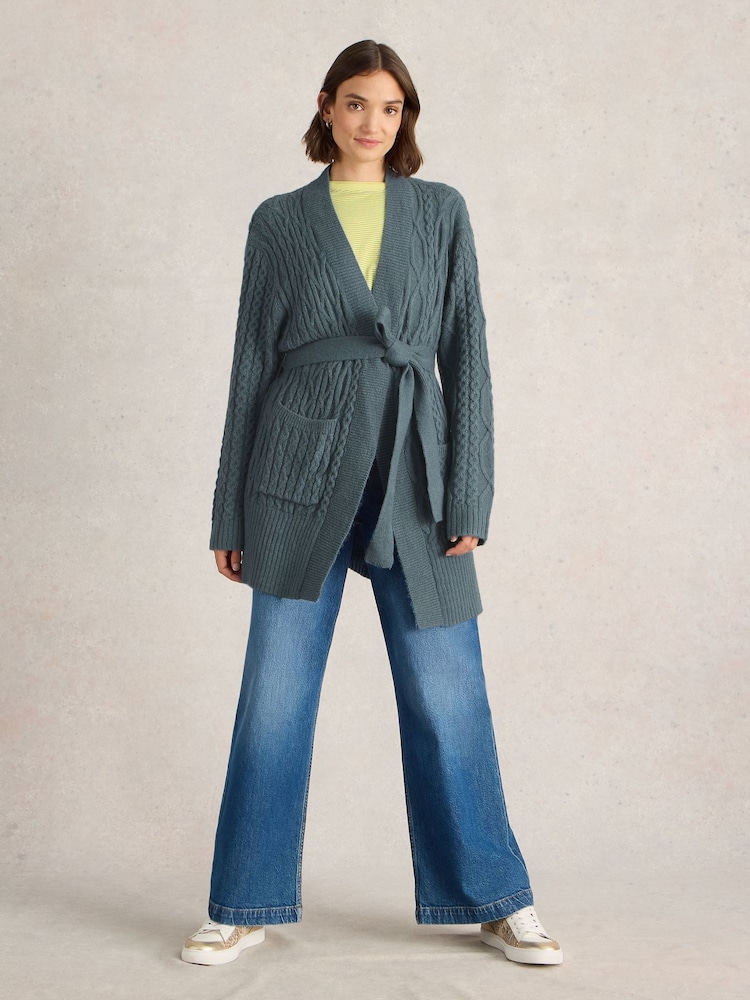 White Stuff Blue Cable Belted Cardigan - Image 1 of 6