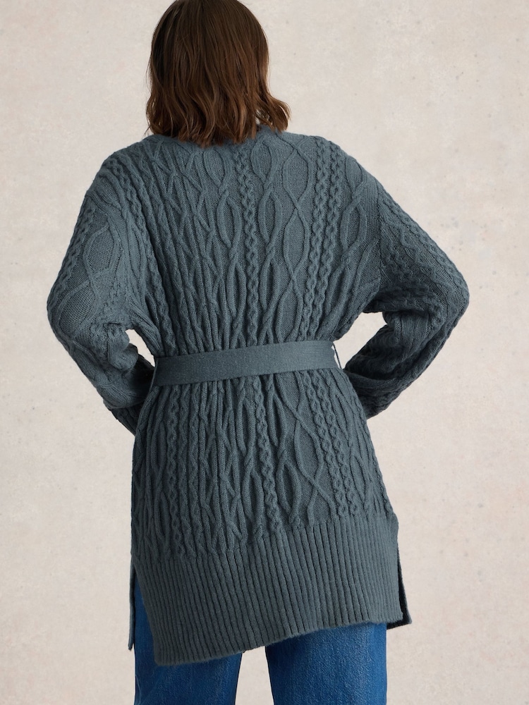 White Stuff Blue Cable Belted Cardigan - Image 2 of 6