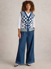 White Stuff Blue Geo Mix Button Tank - Image 1 of 6