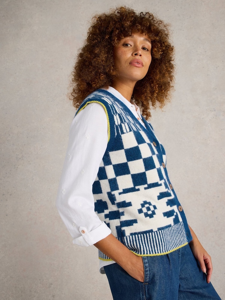White Stuff Blue Geo Mix Button Tank - Image 4 of 6