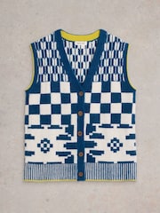 White Stuff Blue Geo Mix Button Tank - Image 5 of 6