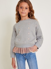 Monsoon Grey 100% Cotton Beaded Tulle Trim Sweatshirt - Image 1 of 3