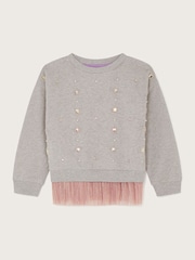 Monsoon Grey 100% Cotton Beaded Tulle Trim Sweatshirt - Image 2 of 3