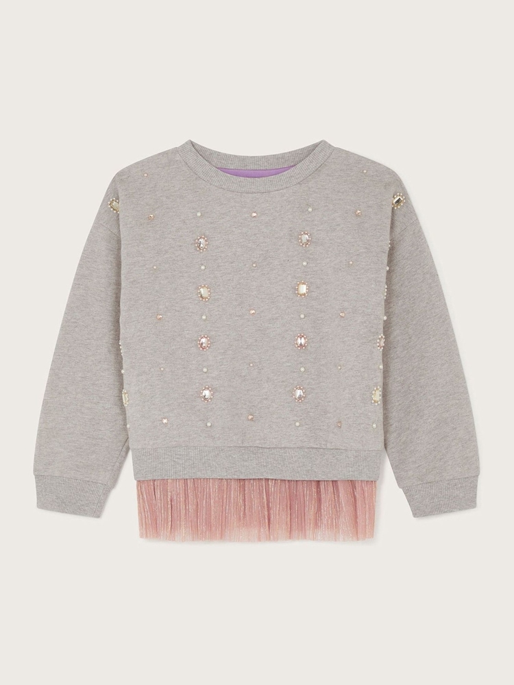 Monsoon Grey 100% Cotton Beaded Tulle Trim Sweatshirt - Image 2 of 3