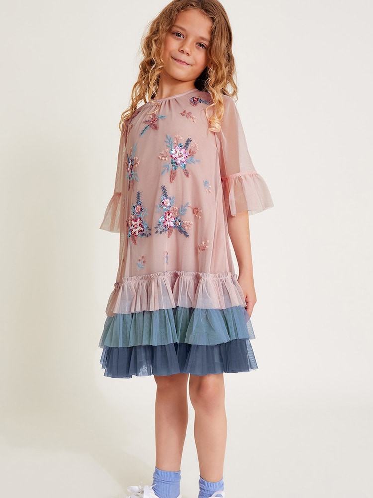Monsoon Pink Floral Print Embellished Tulle Trapeze Dress - Image 1 of 3