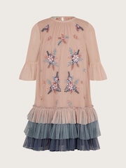 Monsoon Pink Floral Print Embellished Tulle Trapeze Dress - Image 2 of 3