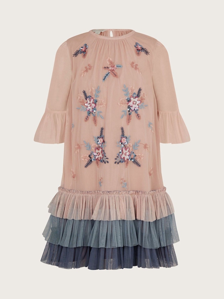 Monsoon Pink Floral Print Embellished Tulle Trapeze Dress - Image 2 of 3