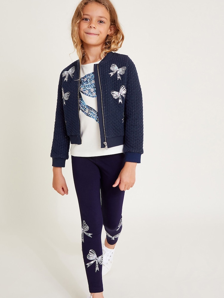 Monsoon Blue Embellished Sequin Bow Bomber Jacket - Image 1 of 3