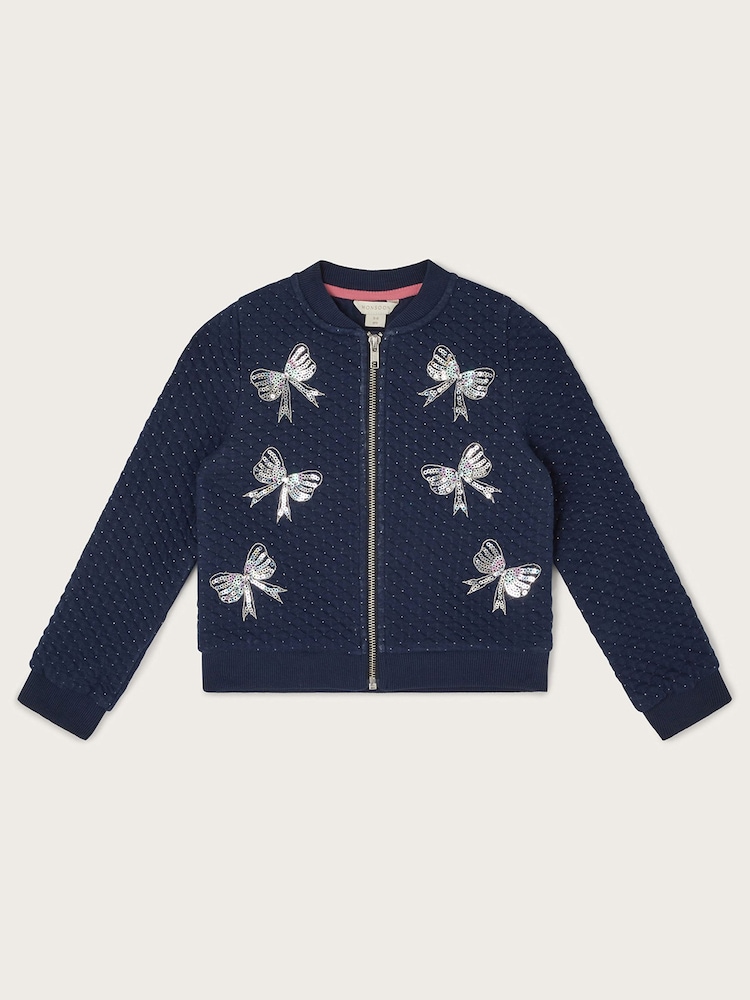 Monsoon Blue Embellished Sequin Bow Bomber Jacket - Image 2 of 3