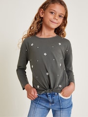 Monsoon Grey Embellished Long Sleeve 100% Cotton Top - Image 1 of 3