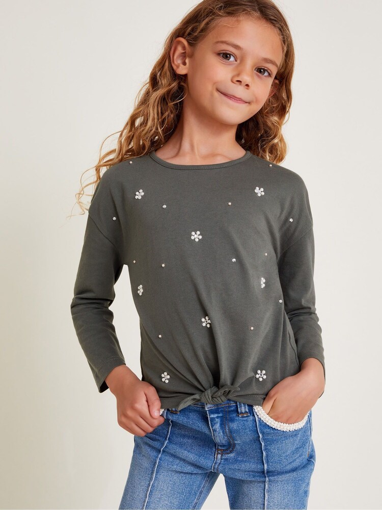 Monsoon Grey Embellished Long Sleeve 100% Cotton Top - Image 1 of 3