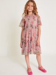 Monsoon Pink Guilia Flutter Sleeve Floral Print Tulle Dress - Image 1 of 3