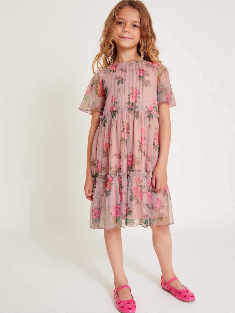 Monsoon Pink Guilia Flutter Sleeve Floral Print Tulle Dress - Image 1 of 3