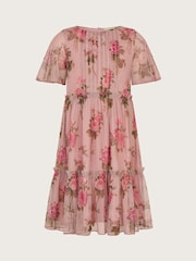 Monsoon Pink Guilia Flutter Sleeve Floral Print Tulle Dress - Image 2 of 3